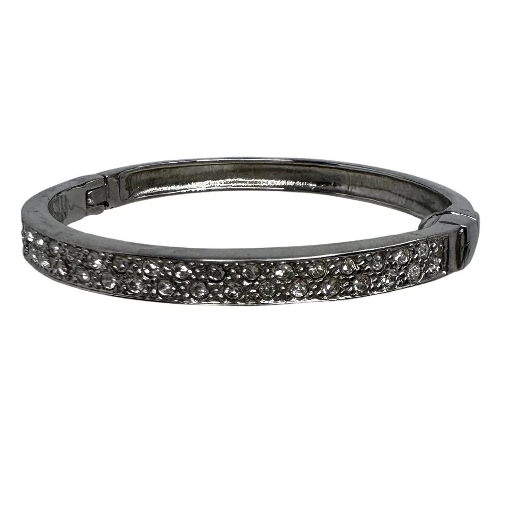 Silver Tone Rhinestone Hinged Bangle‎ Bracelet Double Row Clear Stones Statement